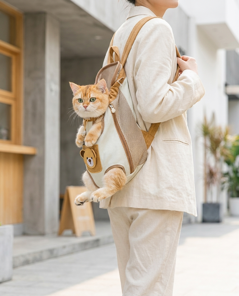 Person wearing the Pet Needs carrier backpack outdoors with cat peeking out