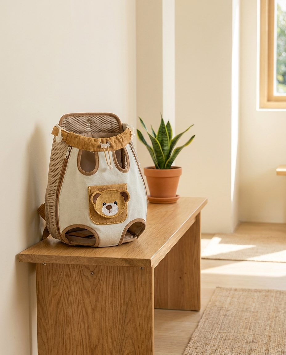 Pet Needs carrier backpack in a sunlit minimalist entryway