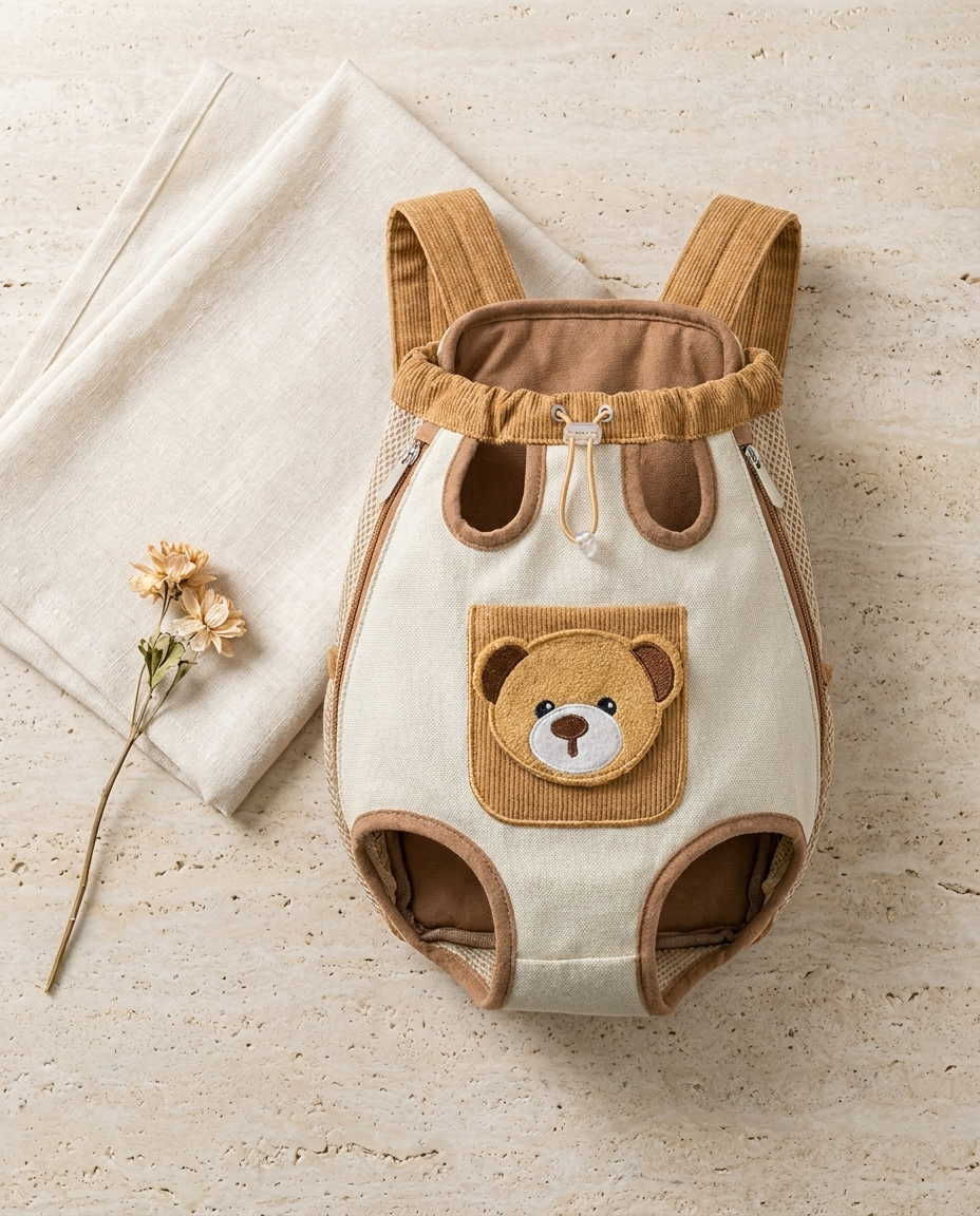 Editorial flat lay of the Pet Needs carrier backpack